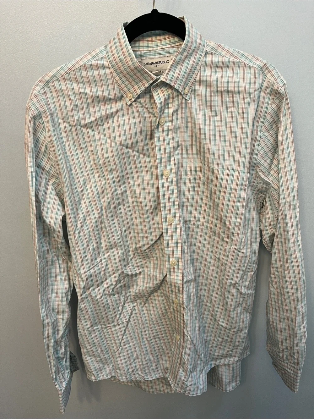 Banana Republic Men’s Plaid Button-Down Shirt - White, Blue & Coral